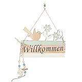 COM-FOUR® Türschild 'Willkommen' - Deko-Schild Frühling aus Holz mit Kordel zum Aufhängen - Oster-Deko Schild für die Haustür (01 Stück 22x16cm)