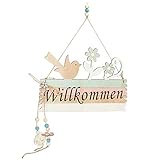 com-four® Türschild Willkommen - Deko-Schild Frühling aus Holz mit Kordel zum Aufhängen - Oster-Deko Schild für die Haustür (01 Stück 22x16cm)