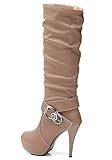Damen Wasserdichte Stiefel Mit Hohen Absätzen Fein Stiefel Elegant Langschaftstiefel Strasssteine Gürtelschnalle Schuhe Braun EU 38