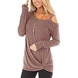 Damen Cold Shoulder Tops Langarm Twist Knot Top Lässige Tunika Bluse T-Shirts Herbstblusen Cold Shoulder T Shirts (L,Hellbraun)