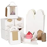 X XBEN 25 Stück Cupcake Box 1er, 9.3 X 9.3 X 10.9cm Klein Kuchen Transportbox mit Griff, Papier Tortenbox für Gebäck, Macaron, Donut, Muffin, Kuchen Box Karton mit Fenster und Einlage,Weiß