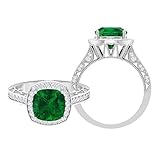 3 CT Lab Created Smaragd und Moissanit Ring, Halo-Ring mit Seitensteinen, antiker Verlobungsring (8,5 mm Cushion Cut Lab Created Smaragd), 14K Weißes Gold, Labor erstellt Smaragd, Size:EU 62