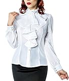Unbekannt Weiße Rüschen Schluppenbluse mit Jabot und Strassknöpfen Stehkragen Rockabilly Bluse Damen Retro XS