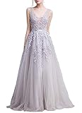 Romantic-Fashion Damen Ballkleid Abendkleid Brautkleid Lang Modell E001-E006 Blütenapplikationen Tüll DE Grau Größe 36