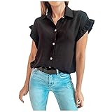 KIMODO Hemdbluse Kurzarm Oberteile T-Shirt Damen Bluse Shirt Casual Hemd Tops Frauen Einreihiges Rüschenblusenhemd Tunika Shirt (B-Schwarz, XXL)