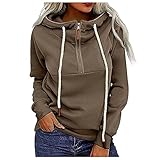 NHNKB Hoodie Damen Kapuzenpullover Pullover Herbst Winter Warm Oberteil Half Zip up Langarm Einfarbig Casual Sweatshirt (Brown, XXL)