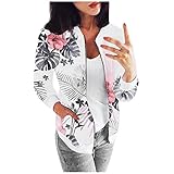 Damen Casual Jacke Blumenmuster Drucken Langarm Bomberjacke Reißverschluss Outwear Coat Fliegerjacke Retro Frauen Herbst Frühling Winter Leichte Blouson Mode Baseball Mantel Tops Bikerjacke Kurzjack