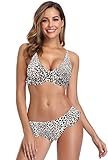 SHEKINI Damen Brazilian 2 Teiliger Bikini Tief V-Ausschinitt Volant Bikini Obertei Low Rise Rüsche Bikinihose Grosse Grössen Bademode Push Up Strandmode (Large, Leopard Druck)