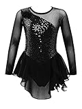 FEESHOW Mädchen Eiskunstlauf Kleid Pailletten Kinder Ballettanzug Gymnastik Trikot mit Tütü Rock Latein Tanzkostüme Wettkampf Skating Wear Schwarz B 128/8 J