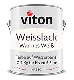 VITON Weißlack - 0,7 Kg - RAL 9010 Reinweiß (Warmes Weiß) - Seidenmatt - 2in1 Premium Weisslack - Hohe Beständigkeit & Deckkraft - Alle Oberflächen - Türlack, Fensterfarbe - HAE 30