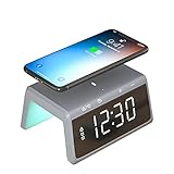 Pointuch Digitaler Wecker mit kabelloser Ladestation, 4 Helligkeit, Nachtlicht färben, Schlummer, 2 Alarm, Wireless Charger für iPhone Samsung Galaxy (Grau)