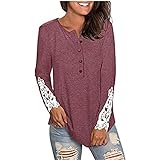 Kookmean Langarm-Tops für Frauen, Frauen Spitze Ärmel Top Tunika Rundhals Button Down Tunika Weich Sweatshirt Pullover, rotviolett, Larg