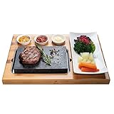 Beefstone Lavastein Steak-Brett Hot Stone Steingrill Set aus Bambusbrett Lavastone und Prozellan-Platte inkl. Saucen-Schälchen, Fettfrei und ölfrei: Steak, Fleisch, Fisch grillen auf heißem S