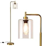 Depuley Moderne goldene LED-Stehlampe, augenschonende Stehleuchte mit hängendem Glasschirm, industrielle Metall-Bodenleuchte, E27-Sockel (6 W A60, LED-Edison-Glühbirne im Lieferumfang enthalten)