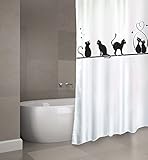 MSV Cotexsa by Premium Anti-Schimmel Textil Duschvorhang - Anti-Bakteriell, waschbar, 100% wasserdicht, mit 12 Duschvorhangringen - Polyester, „Katze“ Weiß 180x200cm – Made in Sp
