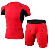 Sportanzug Herren Casual Atmungsaktiv Bodybuilding Sport Rundhals Kurzarm Und Shorts Zweiteiliges Sommer Jogging Workout Schnelltrocknend Herren T-Shirt E-Red XL