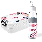 Mein Zwergenland Bento Brotdose Take A Break midi personalisierbar im Set mit Trinkflasche Ellipse mit Name in Weiß Wild Flow