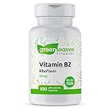 Greenleaves Vitamins - Vitamin B2 100 vegetarische Kapseln Riboflavin 50 mg - vitamine b gegen müdigkeit und erschöpfung. Frei von Gluten, Soja und Lactose. 100% Veg