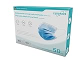 EUROPAPA 50x medizinische OP Maske 3-lagig Atemschutzmasken Typ IIR TÜV CE zertifiziert Chirurgische Einwegmaske Mund und Nasenschutz EN14683 BFE ≥ 98% Blau 50 Stück (5er Pack)