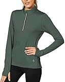 icyzone Damen Sport Langarm T-Shirts Training Fitness Kleidung 1/4 Reißverschluss Laufshirt mit Daumenloch (S, Smoke Pine)