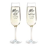 AMAVEL 2er Set Sektgläser mit Gravur, Mr. & Mrs, Personalisiert mit Namen und Datum, Kussmund und Schnurrbart, Füllmenge: ca. 200