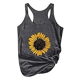 Top Tank Damen Plus Size Sommer Sonnenblumen Print Rundhals ärmelloses T-Shirt (XL,1drak grau)