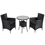 ArtLife Polyrattan Balkon Set Bayamo 2 Personen – Tisch mit Glasplatte & 2 Stühlen – Wetterfeste Balkonmöbel – Auflagen waschbar – schwarz - g