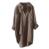 HWTOP Damen Lang Shirt Oberteil Langarm Hemd Chiffon Bluse Arbeitshemd Business Stehkragen V-Ausschnitt Lose Freizeithemd Tops Elegant Sexy T-Shirt Kurzer Kleider, Coffee Marine Schwarz Weiß