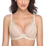 Wingslove Spitzen-BH für Frauen, ungefüttert, sexy, durchsichtig, tiefer V-Ausschnitt, Bralette, Bügel-BH, Nackt 1, 70DD