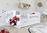 WFL GROUP Kinderbett Weiss Mit Matratze & Schublade Inklusive - Kinderbett - Tiere - Autos - Formel - 180x80