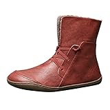 Xmiral Plüsch-schneestiefel Damen Retro Runde Zehe Flach Schuhe Mit Einfarbiger Schnürung Warme Kunstleder Stiefel (Rot, 39.5)