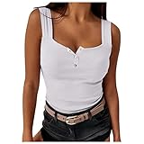 Briskorry Einfarbig Tanktop Damen ElegantvT-Shirt Sexy Ärmeln U Hals Shirt mit Knöpfe Oberteile Sommer Slim Fit Casual Pullover Bluse Tshirt Tunika Top