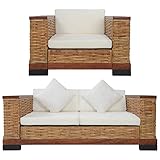Hogotin 2-TLG. Sofagarnitur Mit Auflagen Sofacouch Sessel Sofa Set Braun Natur Rattan Geeignet Für Wohnzimmer G