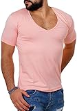 Young & Rich/Rerock Herren Uni T-Shirt mit extra tiefem V-Ausschnitt Slimfit deep V-Neck Stretch dehnbar einfarbiges Basic Shirt, Grösse:M, Farbe:R