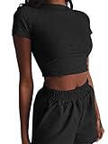 Trainingsanzug für Damen, 2-teilig, kurzärmlig, Oberteil und Hose, elastischer Bund, Sportbekleidung, lässig, für Fitness, Jogging, Yoga Gr. 46, Schw