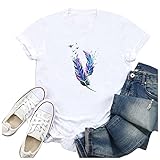 Damen Sommer Kurzarm Blusen T-Shirt V-Ausschnitte Loose Oversize Shirt Einfarbig Casual Brief Bedruckt Asymmetrisch Oberteile Top W12 - White XXL