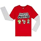 Super Mario Tshirt Kinder, Baumwolle Langarm Shirt Jungen mit Mario und Luigi, Rot und Blau Teenager und Kinder T-Shirt, Super Mario Geschenke für Kinder (Rot/Grau, 5-6 Jahre)