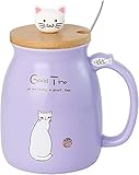 Cartoon-Katzen-Tasse mit Deckel, Edelstahl-Löffel, Kinder-Tasse, Morgen-Tasse, Paare, Wasser-Tasse, Weihnachtstasse, Bürogeschenke, 450 ml (lila)