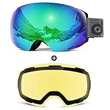 Odoland Skibrille Ski Goggles für Damen und Herren Jungen Rahmenlose Snowboardbrille mit Magnetische Wechselglas OTG Design UV-Schutz Helmkompatible zum Skifahren Grün VLT 18%+ Gelb VLT 83%