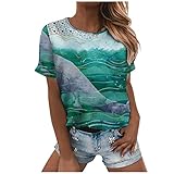 NHNKB Casual Bluse Oberteile Damen lässig lose runde Hals Shorts Ärmel Brief drucken Top Bluse T-Shirt Rundhalsausschnitt Kurzarm Comics Loose Tops S