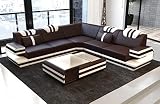 Ecksofa Ragusa Ledersofa L Form Sofa - mit LED Beleuchtung, verstellbare Kopfstützen/Lederfarben wählbar (Dunkelbraun-Weiß)
