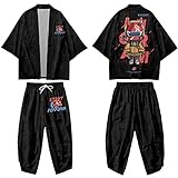 CHUIKUAJ Kimono Cardigan Haremshose Set Männer Frauen 3/4 Ärmel Jacke - Japanischer Samurai Knight Anime Print Harajuku Plus Size Streetwear,Black-S