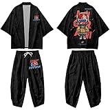 CHUIKUAJ Kimono Cardigan Haremshose Set Männer Frauen 3/4 Ärmel Jacke - Japanischer Samurai Knight Anime Print Harajuku Plus Size Streetwear,Black-S