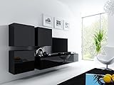 Furniture24 Wohnwand VIGO 23, Desing Mediawand, Modernes Anbauwand mit 3 Türen und 2 Klaptüren, Hängeschrank Tv Lowboard (Schwarz/Schwarz Hochglanz)