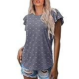 Zilosconcy Damen Elegant Kurzarm Bluse Rundhals Kurzarm Blusenshirt mit Rüschen Casual Tshirts Longshirt Bluse Tops Oberteile Einfarbig Hemd Sommer Kurzarm-T-S