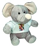 Stofftier Elefant mit persönlichem Foto zum selbst gestalten (kuschliger Grauer Plüsch, weißes T-Shirt mit individuellem Foto Bedruckt, Thermo-Sublimationsdruck,