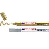 edding 750 Glanzlackmarker - gold, silber - Packung mit 2 Lackmarkern - Rundspitze 2-4 mm - Lackstift für Glas, Stein, Holz, Kunststoff und Papier - wasserfest, stark deck