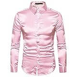 Hemd Herren Drucken Spleißen Satin/Einfarbig Glänzend Hemd Herren Slim Fit Klassisch Revers Langarm Shirt Herren Business Work Bankett Leistung All-Match Hemd H