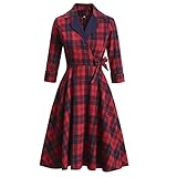 IFOUNDYOU Kleid Damen Elegant Plaid Swing Rockabilly Kleider mit Gürtel Knopf Revers Stretch Hepburn Freizeitkleider Winter Kurzarm Damenkleid Business Retro Blusenkleid Abendkleid Partyk