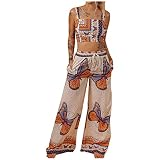 brieftk Damen Casual Schmetterling Print Bohemian Crop Tops Loose Wide Leg Kordelzug Hosen Set Strand Zweiteilige Outfits, B, L